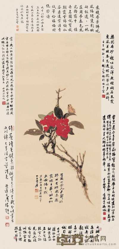 张大千 庚辰（1940年）作 山茶蝴蝶 镜心 87.5×38.7cm